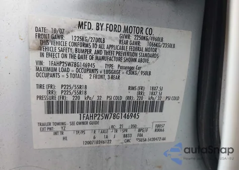 2008 Ford Taurus Limited z USA, uszkodzony, nr VIN 1FAHP25W78G146945